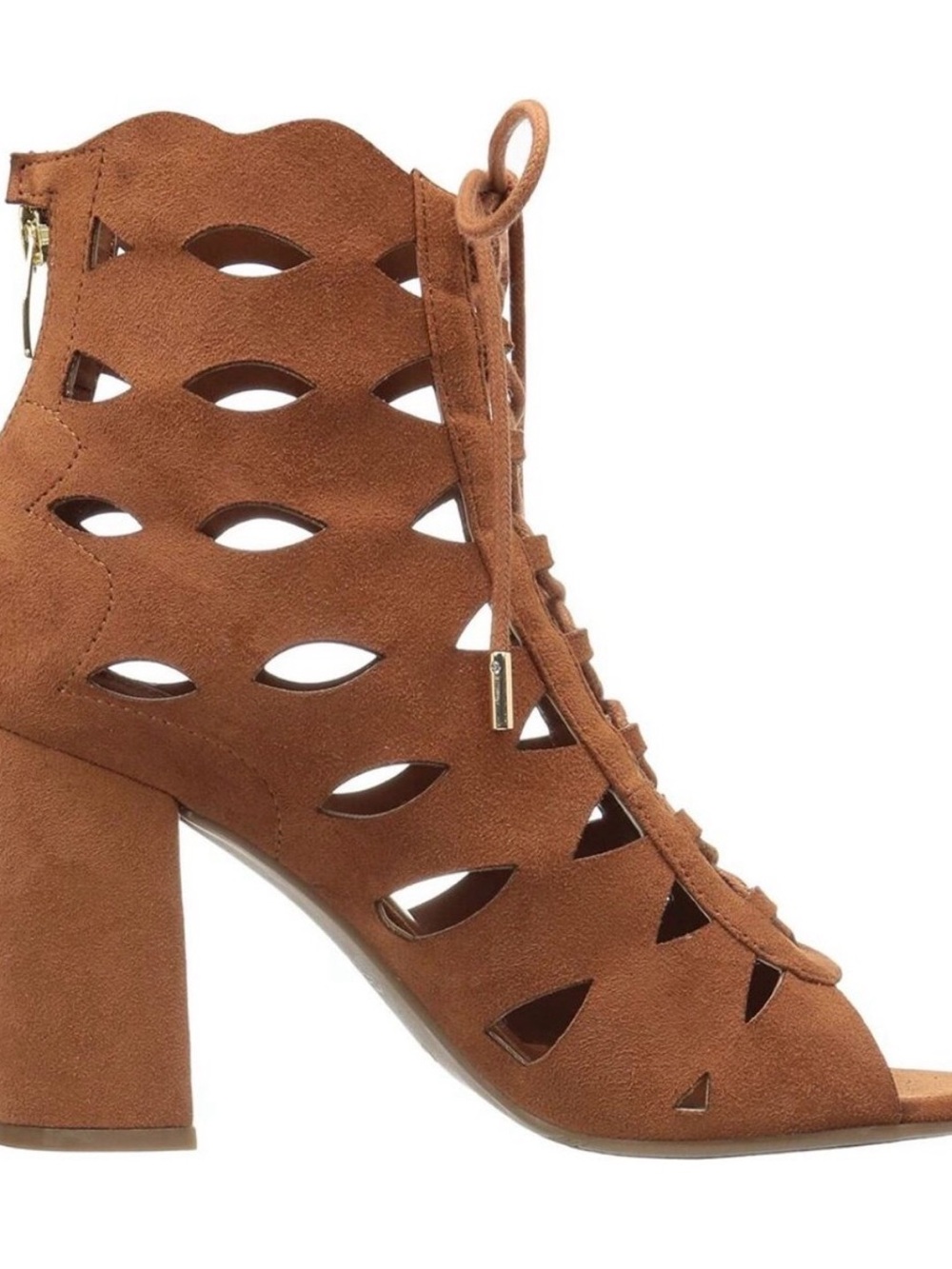 Guess Cognac Suede Cutout Lace-Up Block Heel Sandal